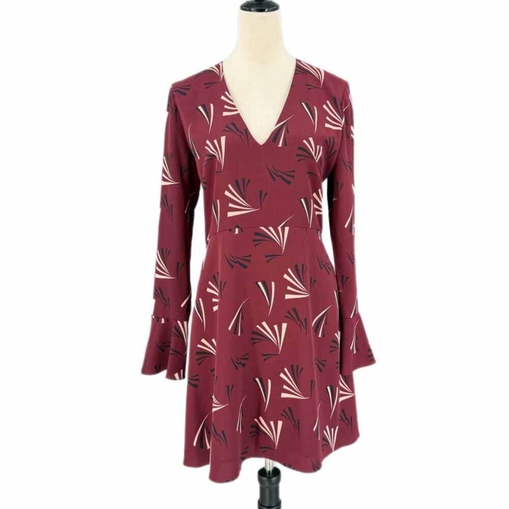 Chelsea28 Burgundy Wine Geometric Print Fall Boho Chic Retro Abstract Mini Dress